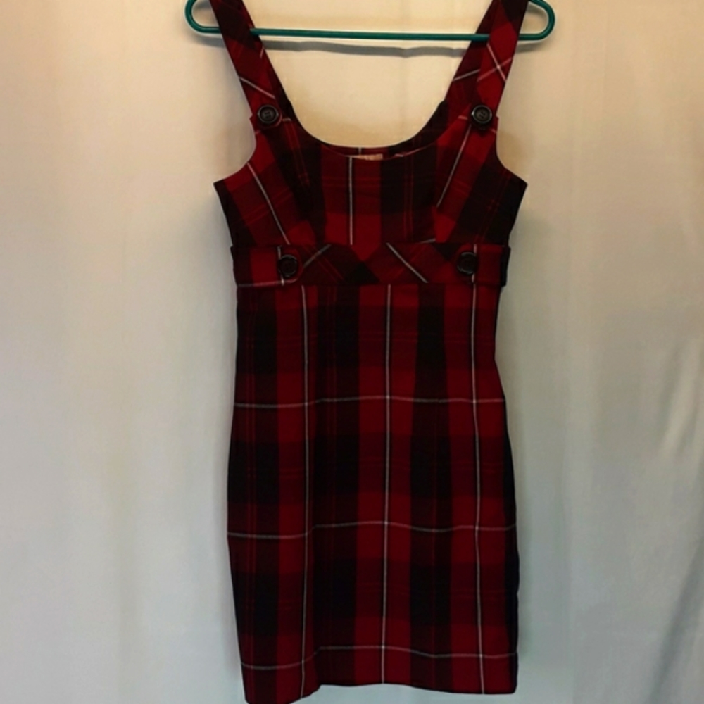 Candies Red plaid buttoned overall dress